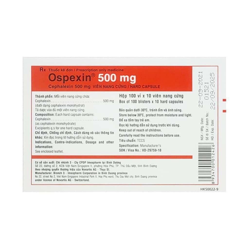 Ospexin 500mg (Cephalexin Thuốc Ospexin 500mg Imexpharm điều trị nhiều loại nhiễm khuẩn