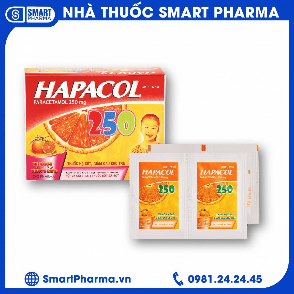 Smart Pharma Bột sủi Hapacol 250mg hộp 24 gói - Dược Hậu Giang Bột sủi Hapacol 250mg hộp 24 gói - Dược Hậu Giang