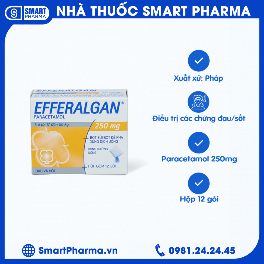 Bột sủi Efferalgan 250mg giảm đau hạ sốt cho trẻ từ 17-50 kg