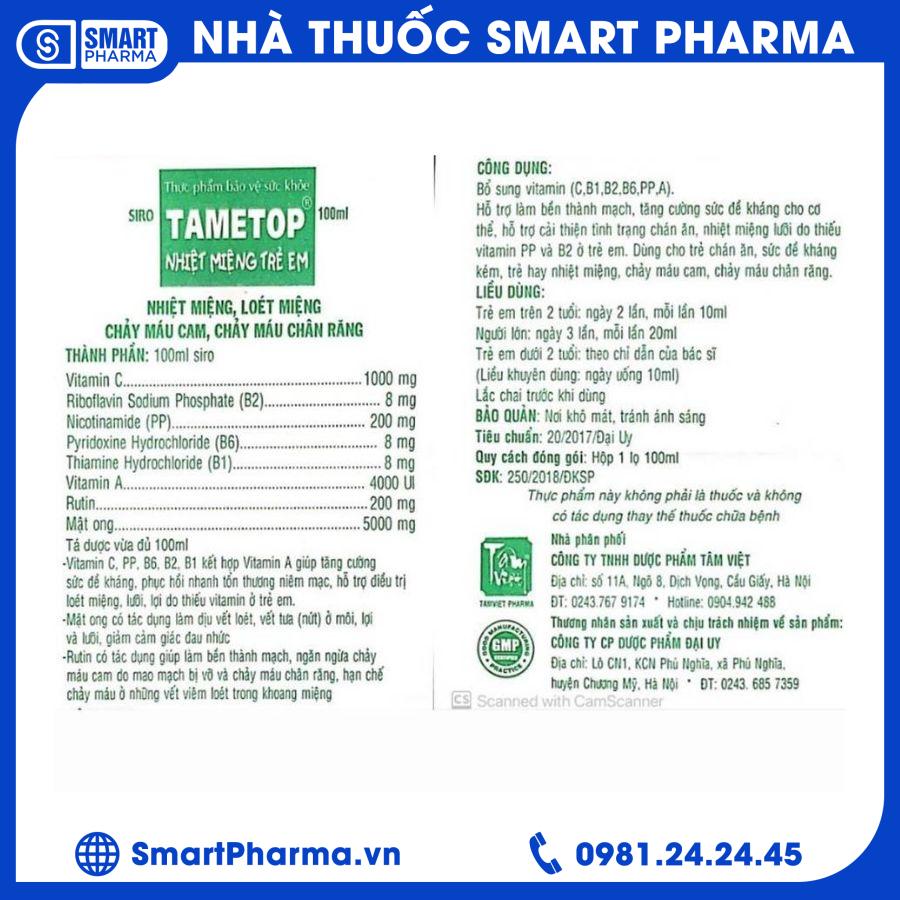 Nhiệt miệng Tametop vỉ 1 Smart Pharma - Nhiet mieng Tametop vi 1