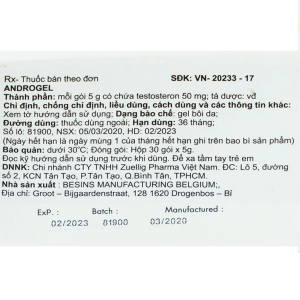 Smart Pharma - Thuốc bôi Androgel 50mg/5g Besins hỗ trợ điều trị thiểu năng tuyến sinh dục nam giới (30 gói x 5g) 3 Smart Pharma - Nha thuoc Smart Pharma 2026 10 16T154433.217